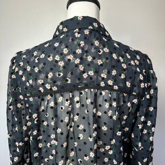 TOPSHOP navy sheer blouse with daisies and velvet polka dots size 8 - Picture 7 of 9